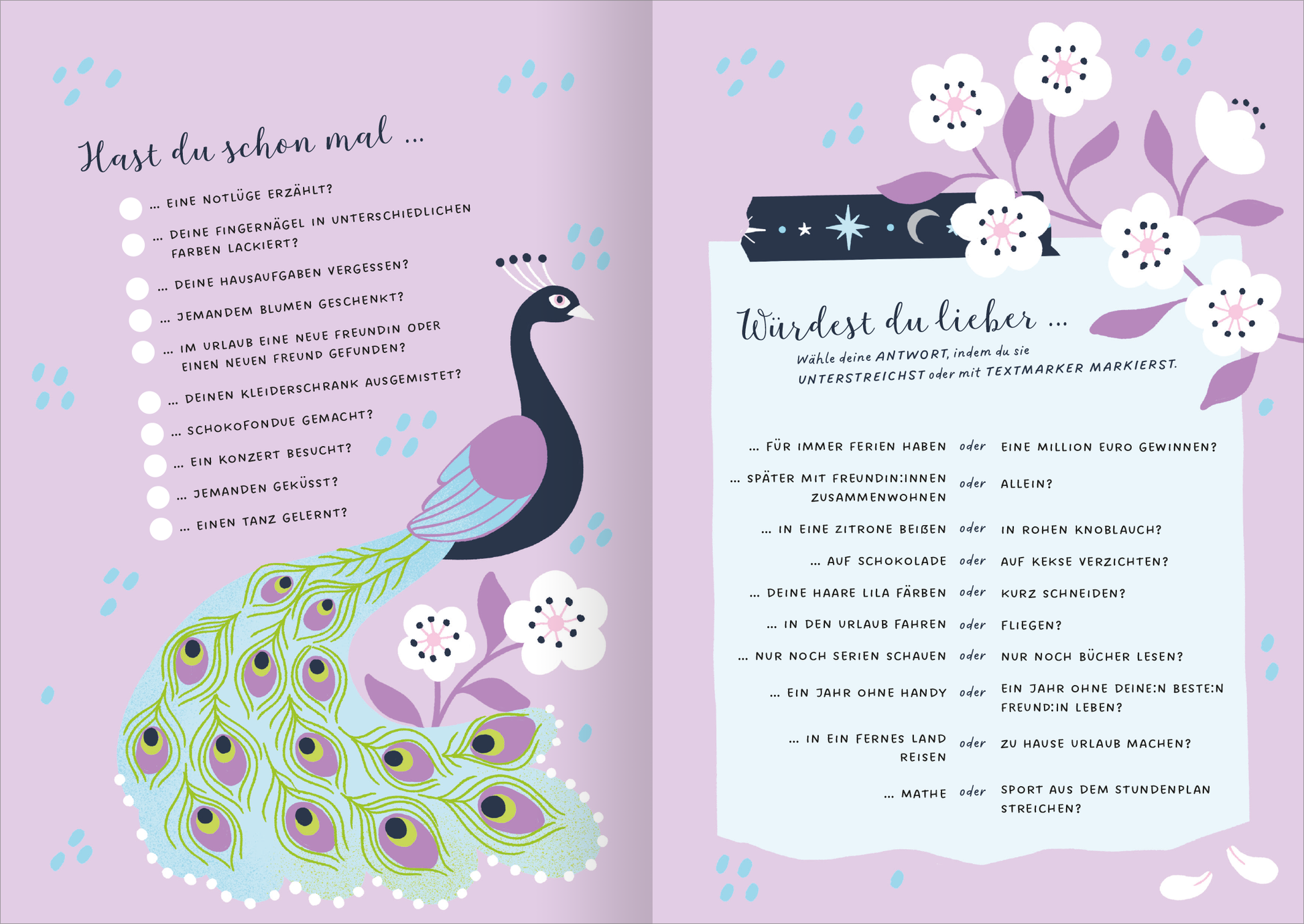 Gezeigt wird eine Innen- oder Zusatzansicht von „I Love to Sparkle – Schulplaner Dream Big!“. Die Seite ist in sanften Lila- und Pastelltönen gehalten. Auf der linken Seite befindet sich ein prächtiger Pfau mit einem bunten Federkleid, umgeben von stilisierten Blumen. Die rechte Seite enthält eine strukturierte Liste in einem abgerundeten Kästchen mit dem Titel „Würdest du lieber…“. Die Schrift ist verspielt und gut lesbar, ergänzt durch motivierende Fragen, die zur...
