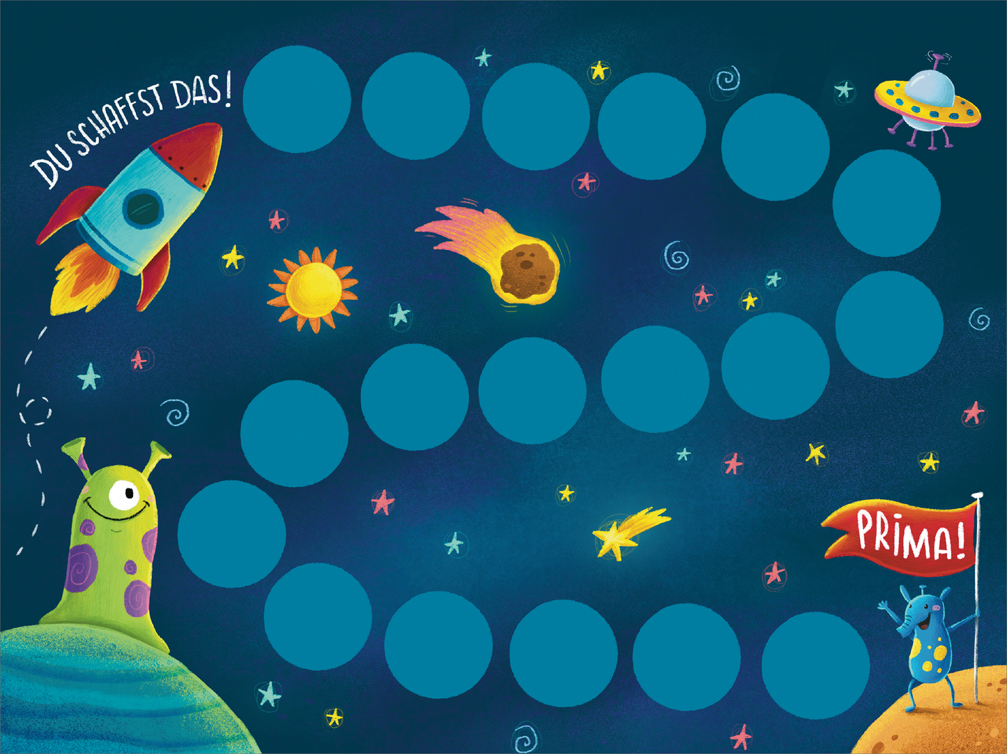 Gezeigt wird eine Innen- oder Zusatzansicht von „Mein Mutmach-Set“. Der Hintergrund ist in einem tiefen Blau gestaltet, das an den Nachthimmel erinnert. Eine gewundene Reihe von aneinander gereihten Kreisen führt von oben links nach unten rechts. Am Startpunkt fliegt eine Weltraumrakete, dazwischen sind Sterne, Ufos und die Sonne zu sehen. Auf einem nahen Planeten sitzt ein grünes außerirdisches Wesen mit einem Auge. Am rechten Rand hält ein blauer Alien-Charakter ein Schild mit der...