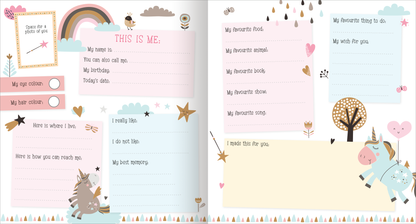 Gezeigt wird eine Innenansicht von „My Best Friends – Unicorn“. Die Seite enthält eine Vielzahl von bunten, verspielten Elementen, darunter ein Regenbogen und Illustrationen von Einhörnern. Die Farben sind hell und lebhaft, vorwiegend in Rosa, Blau und Gelb gehalten. Der Text ist in einer freundlichen, klaren Schriftart angeordnet, mit verschiedenen Abschnitten wie „Mein Name“, „Meine Lieblingstiere“ und „Ich mag nicht“. Verschnörkelte Sterne und kleine grafische Details...