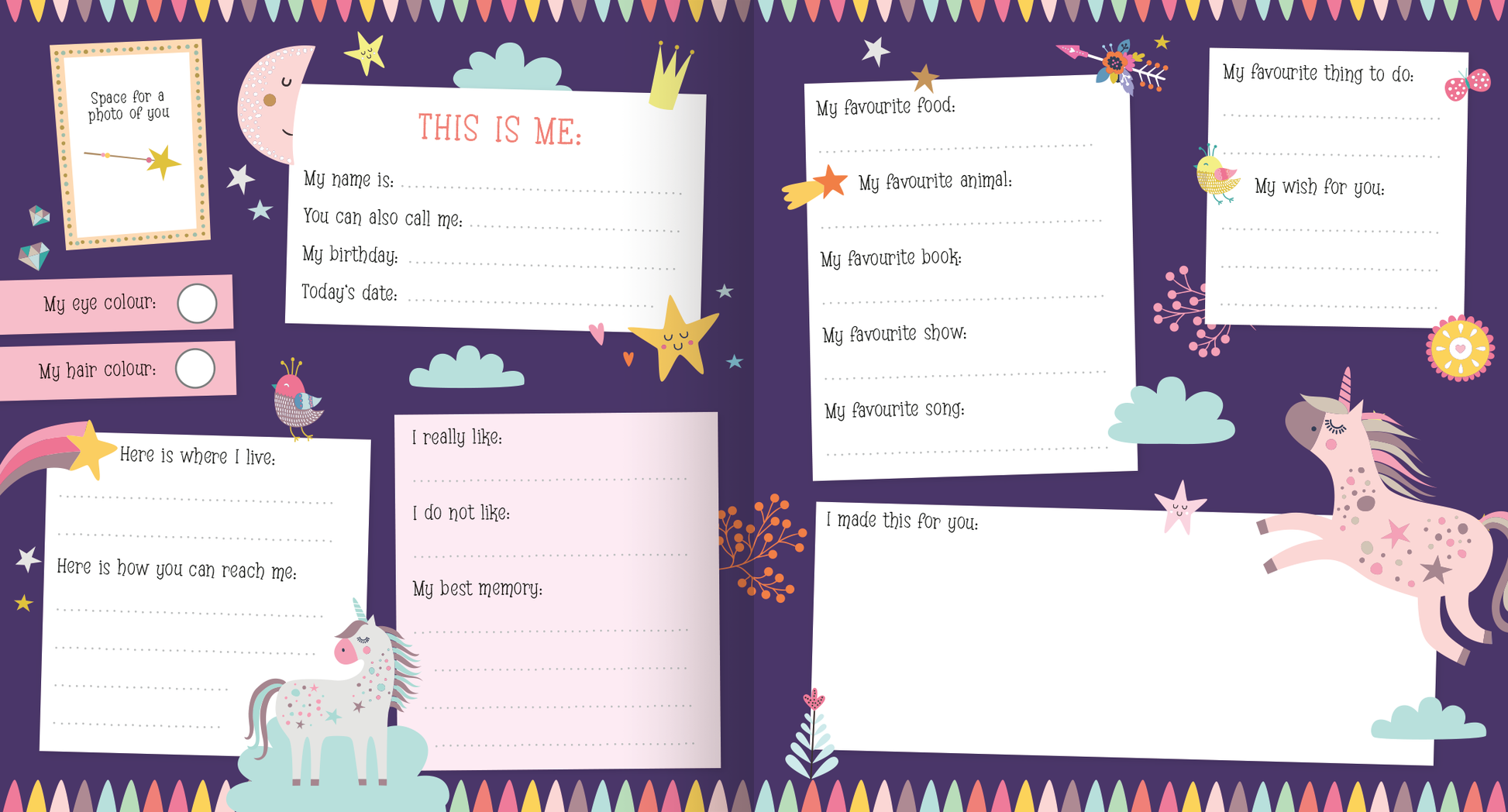 Gezeigt wird eine Innen- oder Zusatzansicht von „My Best Friends – Unicorn“. Die Seite ist in einem tiefen Lilaton gehalten und zeigt verspielte, bunte Elemente wie Sterne, Wolken und Einhörner. In verschiedenen Feldern sind Fragen und Platz für persönliche Informationen wie „Mein Name“ oder „Meine Lieblingstiere“ in klarer, einfacher Typografie angeordnet. Die Überschrift „THIS IS ME“ ist prominent in hellen Farben dargestellt, um die Aufmerksamkeit zu lenken.