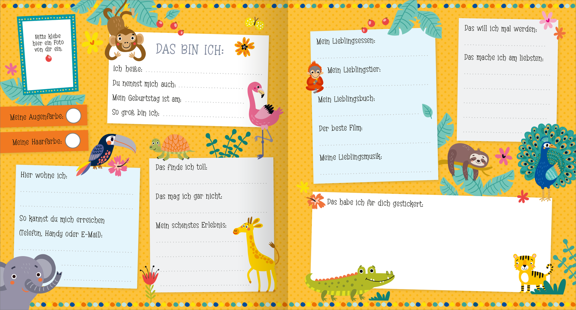Gezeigt wird eine Innen- oder Zusatzansicht von „Alle meine Freunde – Dschungel | Mit über 300 Stickern“. Die Seite ist in einem fröhlichen, gelben Design gehalten und zeigt tierische Illustrationen wie einen Elefanten, eine Giraffe, einen Flamingo und einen Toucan. Es gibt mehrere Textfelder mit Überschriften in einer klaren, verspielten Schriftart. Bunte Blüten und Blätter umrahmen die Bereiche und verleihen der Seite eine lebendige Atmosphäre, die zum Ausfüllen einlädt.