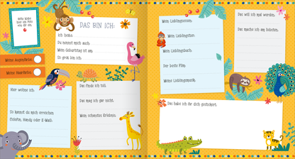 Gezeigt wird eine Innen- oder Zusatzansicht von „Alle meine Freunde – Dschungel | Mit über 300 Stickern“. Die Seite ist in einem fröhlichen, gelben Design gehalten und zeigt tierische Illustrationen wie einen Elefanten, eine Giraffe, einen Flamingo und einen Toucan. Es gibt mehrere Textfelder mit Überschriften in einer klaren, verspielten Schriftart. Bunte Blüten und Blätter umrahmen die Bereiche und verleihen der Seite eine lebendige Atmosphäre, die zum Ausfüllen einlädt.