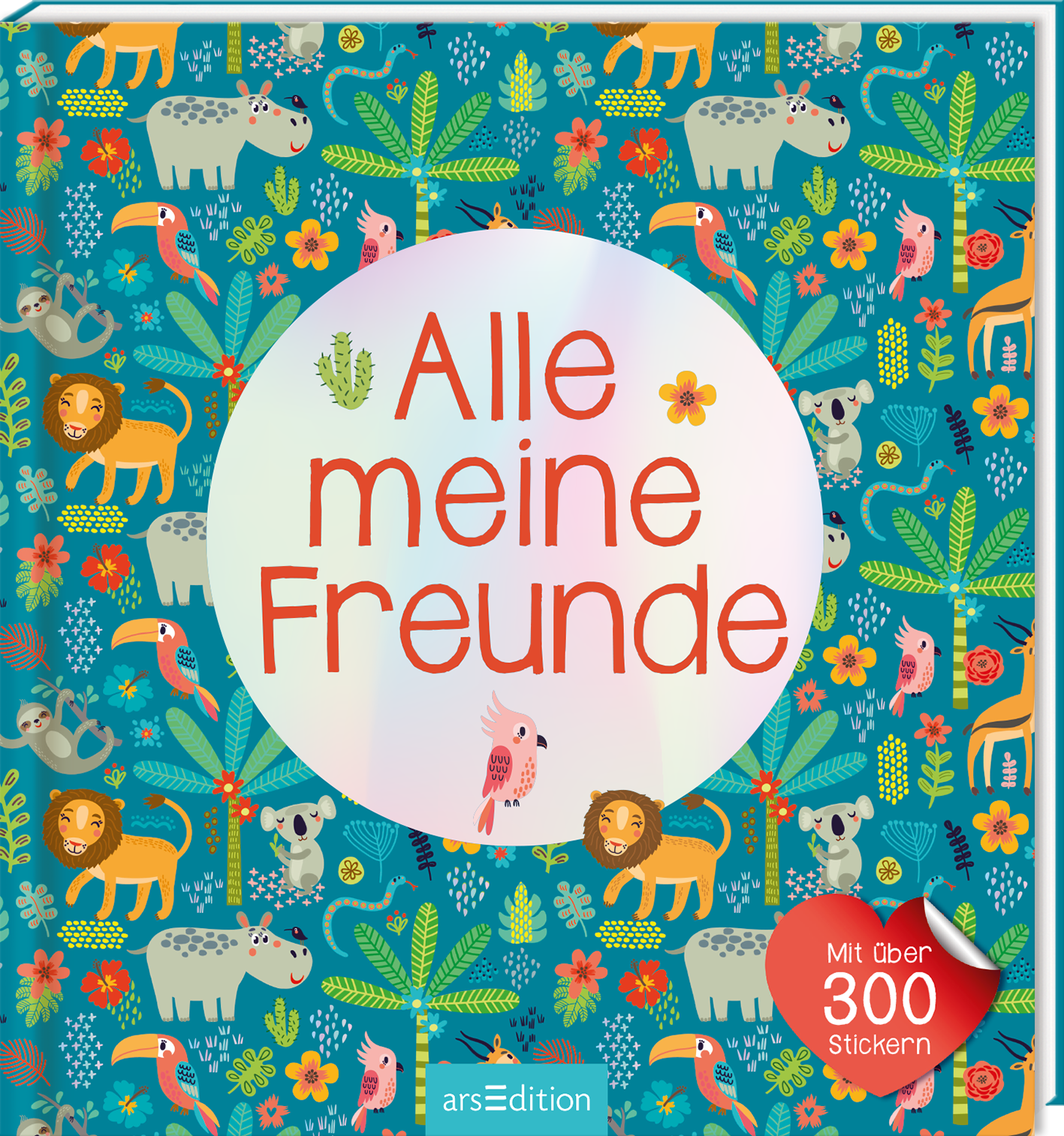 Das Buchcover zeigt einen bunten und fröhlichen Hintergrund mit Illustrationen von verschiedenen Tieren und Pflanzen in leuchtenden Farben. In der Mitte befindet sich ein großer, runder, weißer Bereich mit dem Titel „Alle meine Freunde“ in kreativer, roter Schrift. Ergänzend sind tierische Motive wie Löwen und Koalas sowie bunte Blumen zu sehen. Unten rechts prangt ein roter Button mit der Aufschrift „Mit über 300 Stickern“. Ganz unten mittig steht der Logoschriftzug von...