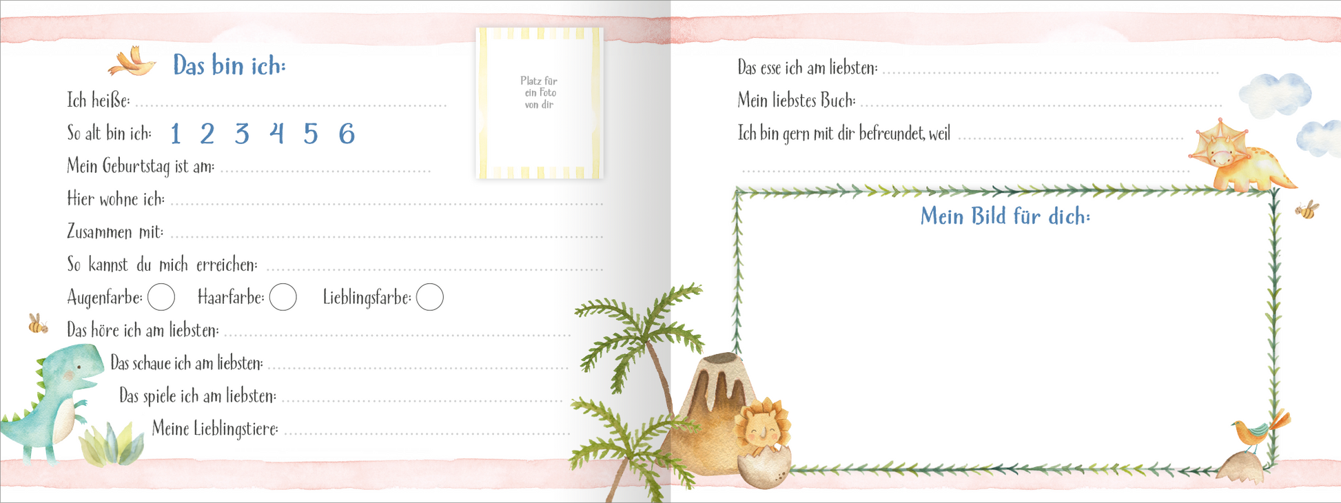 Gezeigt wird eine Innen- oder Zusatzansicht von „Alle meine Freunde – Dino“. Die Seite ist sanft in Pastellfarben gestaltet, mit einem hellen, zarten Hintergrund. Links befindet sich ein Bereich mit Fragen zur Selbstdarstellung, umrandet von Pflanzen- und Dinosaurierillustrationen. Rechts ist ein leerer Bereich für kreative Eintragungen, eingerahmt von liebevollen Motiven. Die Schrift ist kindgerecht, klar und gut lesbar, was die Interaktion mit dem Inhalt fördert.