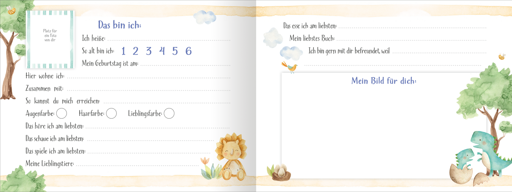 Gezeigt wird eine Innenansicht von „Alle meine Freunde – Dino“. Die Seite ist in sanften Pastellfarben gehalten, mit einem hellblauen Himmel und niedlichen Wolken. Links befindet sich ein Bereich mit Fragen zur Selbstbeschreibung, umrahmt von zarten Illustrationen von Tieren, darunter ein Löwe und ein Dino. Die Schrift ist freundlich und gut leserlich, größtenteils in blauer Typografie. Rechts ist Platz für persönliche Zeichnungen, ergänzt von weiteren kleinen, bunten Tiermotiven.