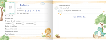 Gezeigt wird eine Innenansicht von „Alle meine Freunde – Dino“. Die Seite ist in sanften Pastellfarben gehalten, mit einem hellblauen Himmel und niedlichen Wolken. Links befindet sich ein Bereich mit Fragen zur Selbstbeschreibung, umrahmt von zarten Illustrationen von Tieren, darunter ein Löwe und ein Dino. Die Schrift ist freundlich und gut leserlich, größtenteils in blauer Typografie. Rechts ist Platz für persönliche Zeichnungen, ergänzt von weiteren kleinen, bunten Tiermotiven.