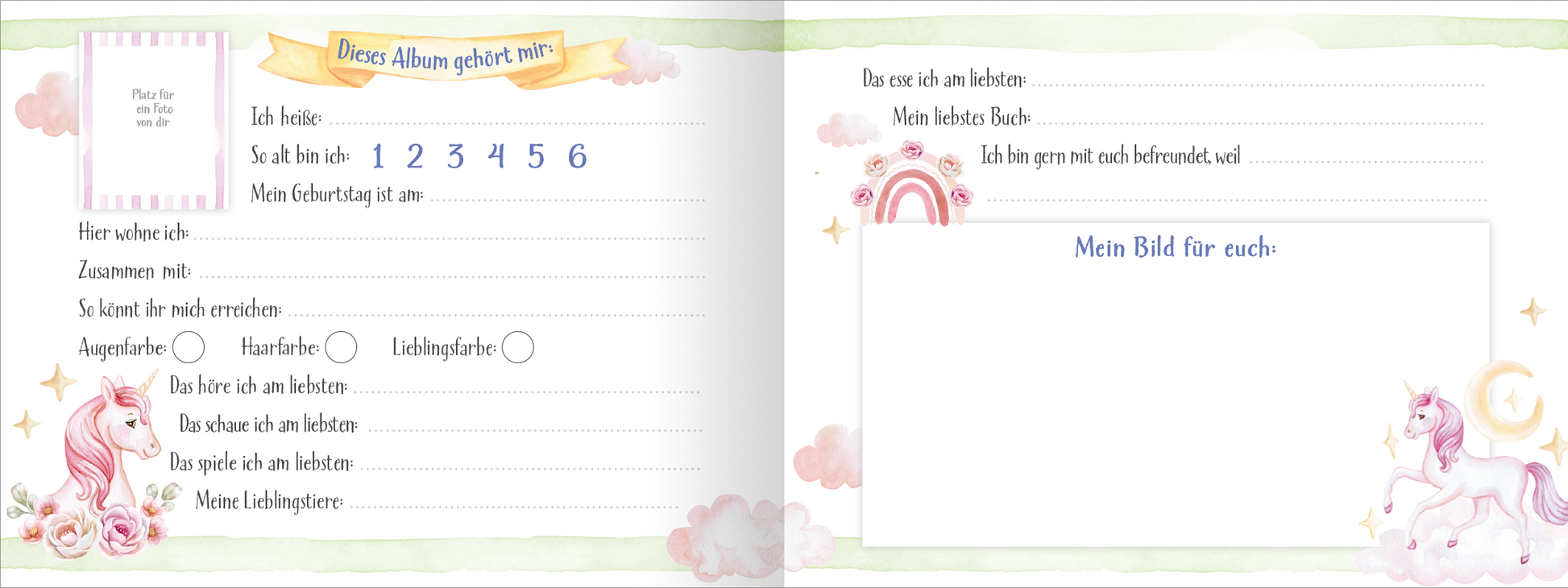 Gezeigt wird eine Innenansicht von „Alle meine Freunde – Einhorn“. Auf der linken Seite stehen farbenfrohe Felder zum Ausfüllen, um persönliche Informationen wie Name, Lieblingsfarbe und Hobbys festzuhalten. Die Schrift ist verspielt und kinderfreundlich, vorwiegend in Rosa und Blau gehalten. Auf der rechten Seite findet sich ein großes Feld mit der Aufschrift „Mein Bild für euch“ und sanfte Aquarellhintergründe mit Wolken und Regenbogen, die die Gesamtdarstellung harmonisch...