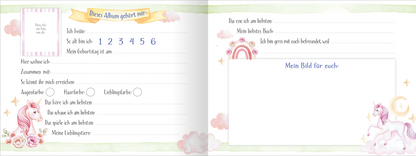 Gezeigt wird eine Innenansicht von „Alle meine Freunde – Einhorn“. Auf der linken Seite stehen farbenfrohe Felder zum Ausfüllen, um persönliche Informationen wie Name, Lieblingsfarbe und Hobbys festzuhalten. Die Schrift ist verspielt und kinderfreundlich, vorwiegend in Rosa und Blau gehalten. Auf der rechten Seite findet sich ein großes Feld mit der Aufschrift „Mein Bild für euch“ und sanfte Aquarellhintergründe mit Wolken und Regenbogen, die die Gesamtdarstellung harmonisch...