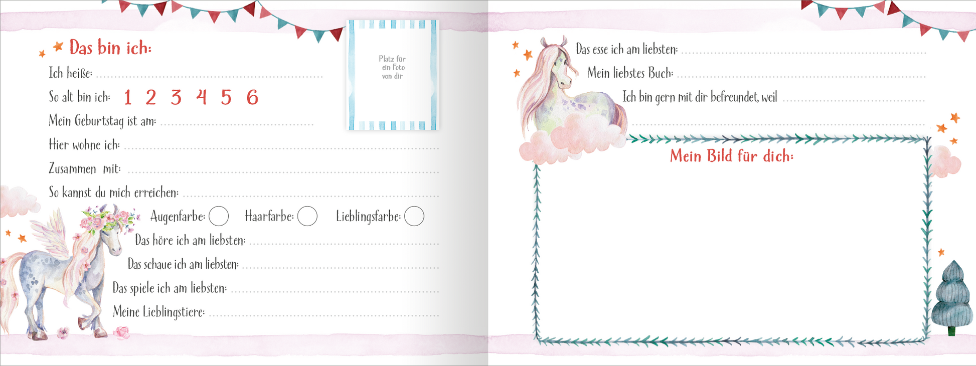 Gezeigt wird eine Innen- oder Zusatzansicht von „Alle meine Freunde – Einhorn“. Die Seite ist in sanften Pastellfarben gehalten, mit rosa und hellblauen Elementen. Links befindet sich eine strukturierte Box mit Platz für persönliche Informationen, umgeben von einem verspielten Dekor aus bunten Wimpeln und einem Einhorn. Rechts ist ein leerer Bereich mit einem eingerahmten Abschnitt für ein eigenes Bild, dekoriert mit Wolken und Sternen. Der Text ist in einer klaren, kindgerechten...