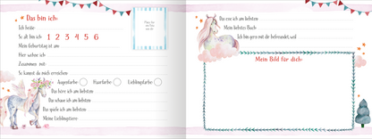 Gezeigt wird eine Innen- oder Zusatzansicht von „Alle meine Freunde – Einhorn“. Die Seite ist in sanften Pastellfarben gehalten, mit rosa und hellblauen Elementen. Links befindet sich eine strukturierte Box mit Platz für persönliche Informationen, umgeben von einem verspielten Dekor aus bunten Wimpeln und einem Einhorn. Rechts ist ein leerer Bereich mit einem eingerahmten Abschnitt für ein eigenes Bild, dekoriert mit Wolken und Sternen. Der Text ist in einer klaren, kindgerechten...