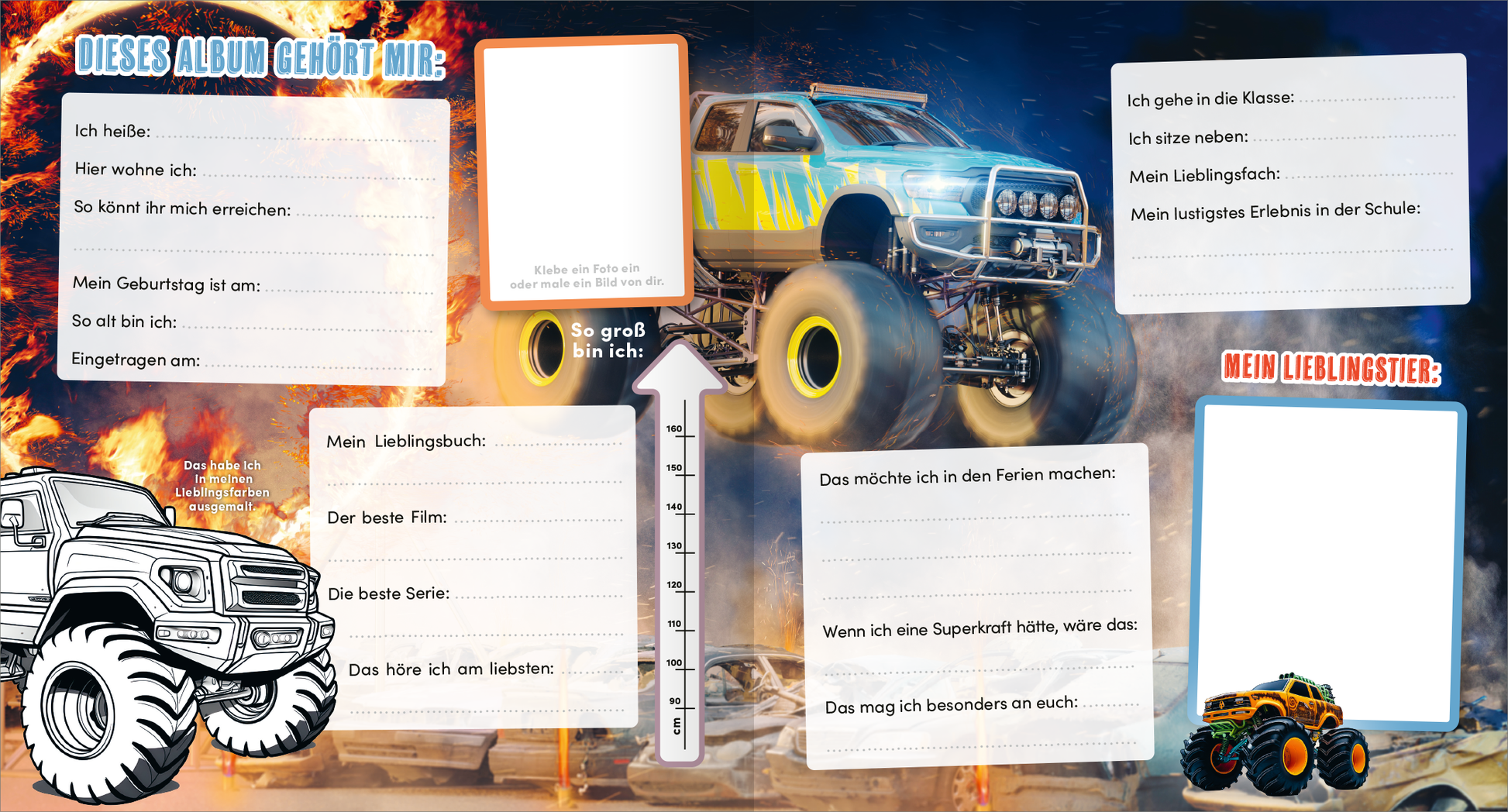 Gezeigt wird eine Innen- oder Zusatzansicht von „Meine Schulfreunde – Monstertruck“. Auf der Seite sind verschiedene Platzhalter für persönliche Informationen in knalligen Farben angeordnet. Ein großer Monstertruck dominiert die Illustration, umgeben von Flammen. Die Schrift ist spielerisch und gut lesbar. Auf der linken Seite sind Fragen zu Lieblingsbüchern, Filmen und Serien, während auf der rechten Seite Platz für eigene Gedanken ist.