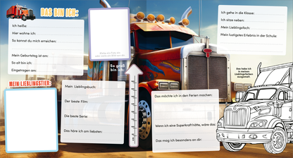 Gezeigt wird eine Innen- oder Zusatzansicht von „Meine Schulfreunde – Monstertruck“. Die Seite zeigt einen bunten, illustrativen Hintergrund mit einem großen, grafisch gestalteten Monstertruck in lebendigen Farben. Auf der linken Seite befinden sich leere Textfelder für persönliche Angaben wie Name, Wohnort und Lieblingsthemen. Rechts sind Fragen und ergänzende Felder zum Ausfüllen über Lieblingsbücher, Filme und Urlaubspläne angeordnet. Die Schrift ist gut lesbar und in einer...
