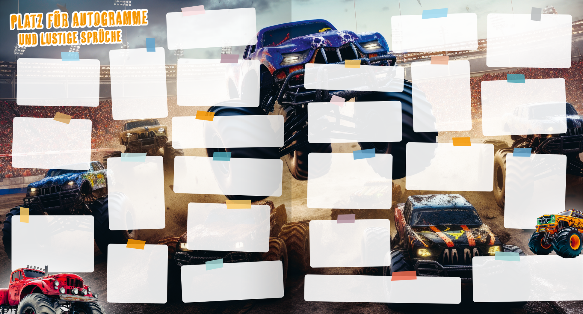 Gezeigt wird eine Innen- oder Zusatzansicht von „Meine Schulfreunde – Monstertruck“. Die Gestaltung umfasst einen dynamischen Hintergrund mit verschiedenen bunten Monstertrucks, die auf einem Rennfeld abgebildet sind. Darüber befindet sich in auffälliger, gelber Schrift der Text „PLATZ FÜR AUTOGRAMME UND lustige Sprüche“. Vor dem Hintergrund sind zahlreiche leere Notizfelder in unterschiedlichen Größen und Farben platziert, die Raum für persönliche Eintragungen bieten.