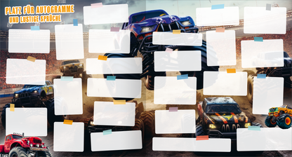 Gezeigt wird eine Innen- oder Zusatzansicht von „Meine Schulfreunde – Monstertruck“. Die Gestaltung umfasst einen dynamischen Hintergrund mit verschiedenen bunten Monstertrucks, die auf einem Rennfeld abgebildet sind. Darüber befindet sich in auffälliger, gelber Schrift der Text „PLATZ FÜR AUTOGRAMME UND lustige Sprüche“. Vor dem Hintergrund sind zahlreiche leere Notizfelder in unterschiedlichen Größen und Farben platziert, die Raum für persönliche Eintragungen bieten.