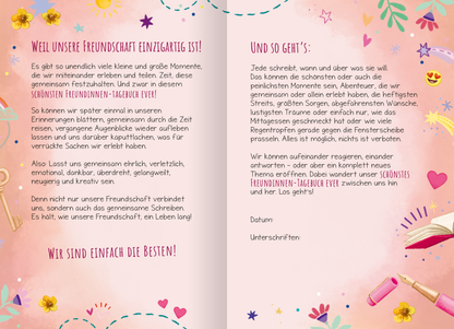 Gezeigt wird eine Innen- oder Zusatzansicht von „Wir sind die Besten! Das schönste Freundinnen-Tagebuch ever“. Die Doppelseite präsentiert einen sanften rosa Hintergrund, reich verziert mit bunten Illustrationen von Blumen, Herzen und weiteren verspielten Elementen. Der Text ist in einer gut lesbaren, freundlichen Schrift gestaltet. Oben links steht „WEIL UNSERE FREUNDSCHAFT EINZIGARTIG IST!“, während die nächsten Absätze in leichten, verspielten Linien angeordnet sind. Unten...