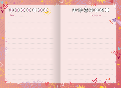 Gezeigt wird eine Innen- oder Zusatzansicht von „Wir sind die Besten! Das schönste Freundinnen-Tagebuch ever“. Die Doppelseite ist in einem sanften Rosaton gehalten und umrahmt von bunten, fröhlichen Illustrationen wie Herzen und Blumen. Die Wochentage sind in klarer, schwarzer Schrift am oberen Rand aufgelistet. Auf der rechten Seite befindet sich ein Feld mit der Überschrift „Eingetragen von“. In der oberen Ecke sind verschiedene Smiley-Gesichter abgebildet, die Emotionen...