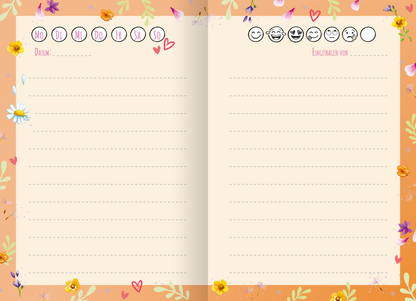 Gezeigt wird eine Innen- oder Zusatzansicht von „Wir sind die Besten! Das schönste Freundinnen-Tagebuch ever“. Die Seite ist in sanften, warmen Orangetönen gehalten und verziert mit bunten Blumen und Herzmotiven. Oben befinden sich die Wochentage in verspielter Schrift, unter denen Platz für das Datum vorgesehen ist. Auf der linken Seite gibt es leere Linien zum Schreiben, rechts ist ein Bereich für emotionale Ausdrücke mit verschiedenen Smileys. Die Typografie ist freundlich und...