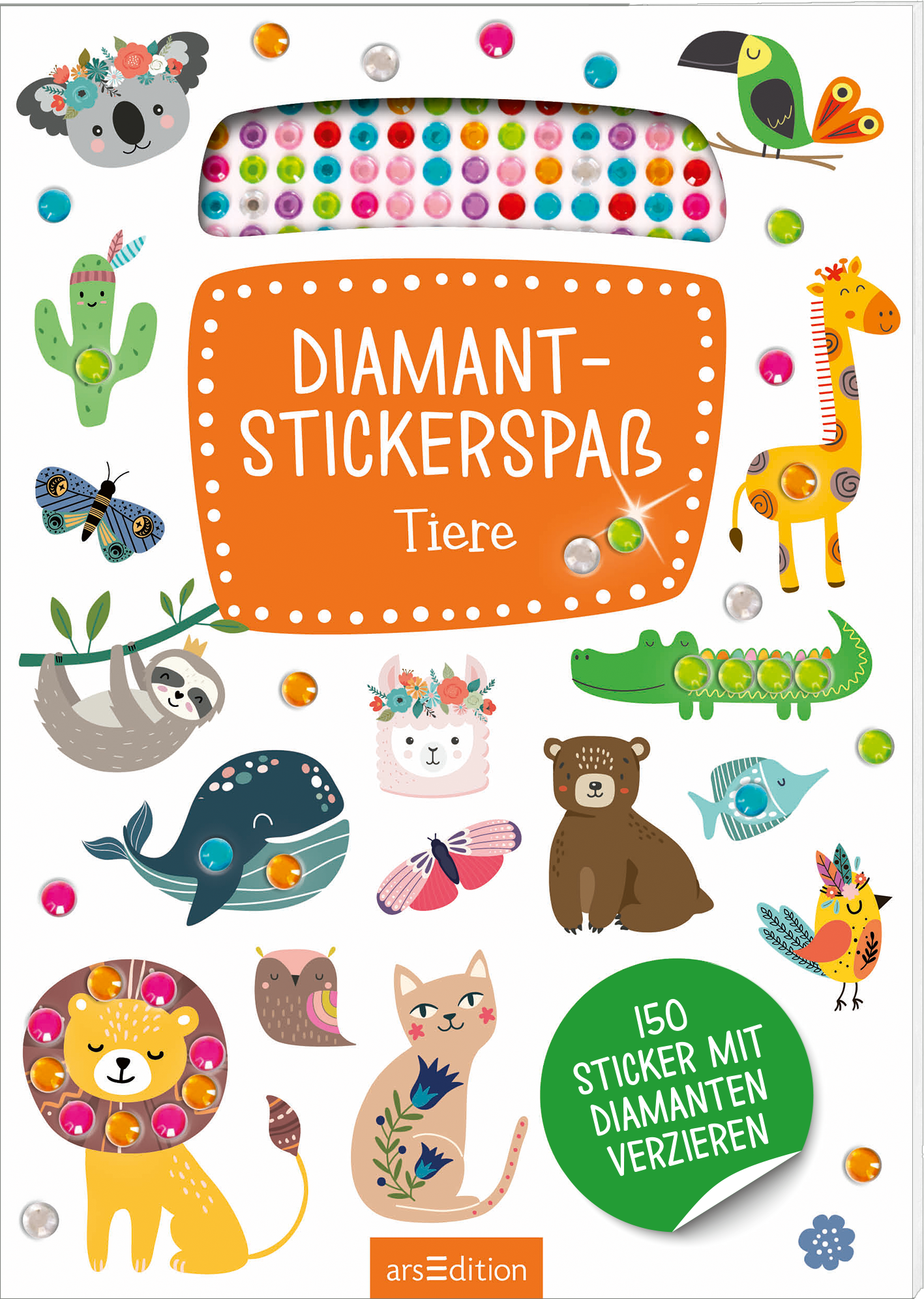 Das Buchcover zeigt eine fröhliche und lebendige Zusammenstellung von Tierillustrationen in bunten Farben. Zentralisiert ist der Titel „Diamant-Stickerspaß“ in einer verspielten, orangefarbenen Schrift mit weißen Punkten, darunter steht „Tiere“. Um den Titel herum sind niedliche Zeichnungen von Tieren wie einem Koala, einem Papagei, und einer Giraffe platziert. Auf dem Cover sind außerdem bunte Stickers mit glitzernden Effekten abgebildet. Ganz unten mittig steht der Logoschriftzug...