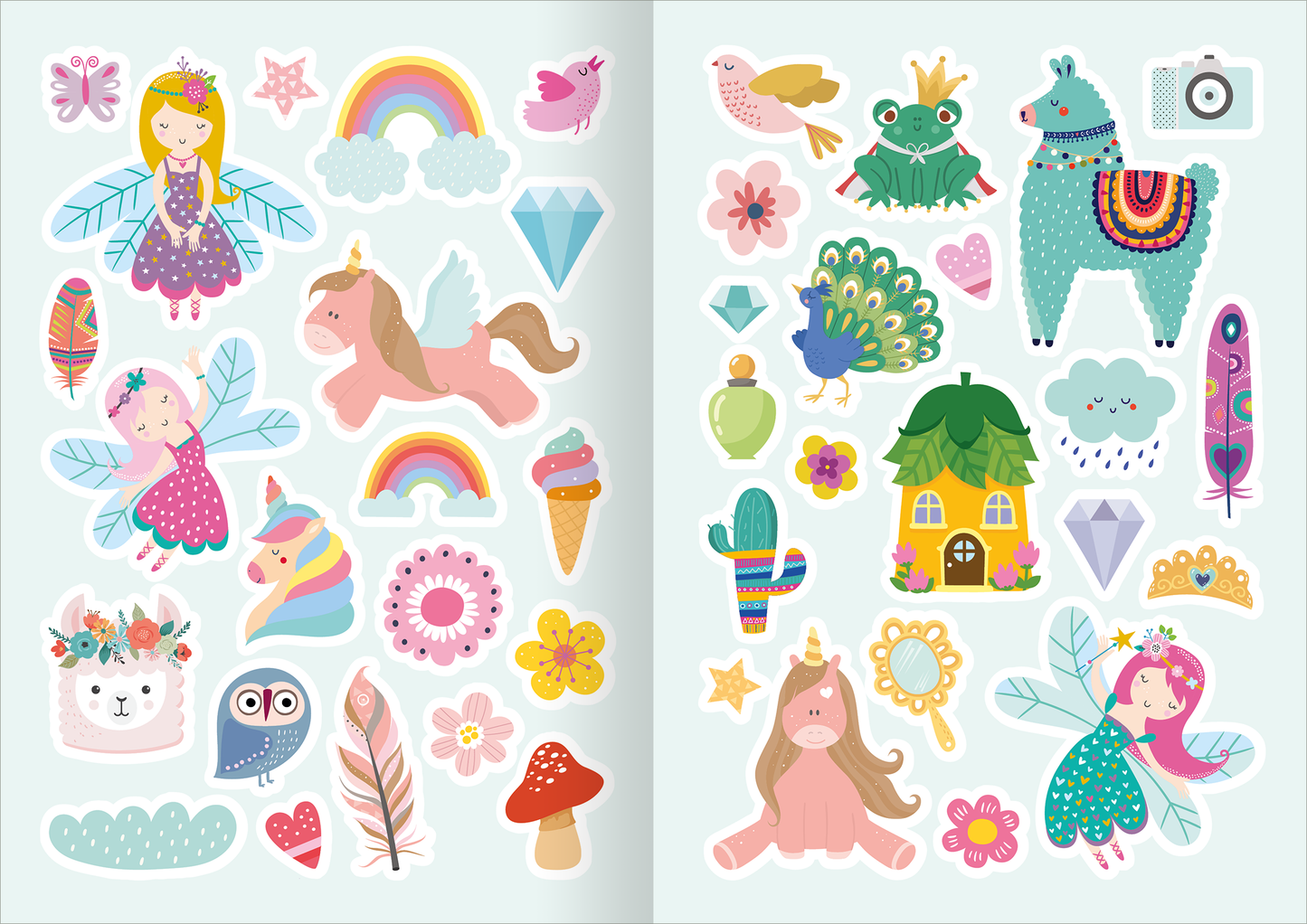 Gezeigt wird eine Innen- oder Zusatzansicht von „Diamant-Stickerspaß Feen“. Die Seite enthält bunte, verspielte Aufkleber mit verschiedenen Motiven, darunter Feen, Einhörner, Regenbögen und Blumen. Die Farbpalette umfasst sanfte Pastelltöne und lebendige Akzentfarben. Die Typografie ist in kindgerechtem, fröhlichem Stil gehalten. Die Illustrationen sind cartoonhaft und laden zur Kreativität ein, während funkelnde Elemente wie Diamanten und Glitzer die Aufmerksamkeit auf sich ziehen.