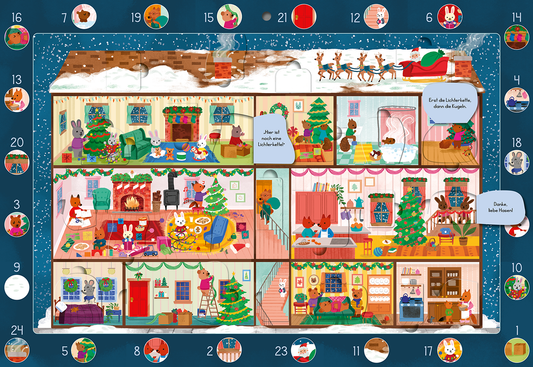 Das Buchcover zeigt ein winterliches Szenario mit einem farbenfrohen, festlich dekorierten Haus, umgeben von Schnee und Tannenbäumen. In den einzelnen Räumen sind verschiedene Tiere abgebildet, die Weihnachtsaktivitäten ausführen, wie Geschenke um den Kamin und einen festlich geschmückten Baum. Die Atmosphäre ist warm und einladend. In der oberen rechten Ecke befindet sich ein SPIEGEL-Bestseller-Button mit dem Text „SPIEGEL Bestseller“. Ganz unten mittig steht der Logoschriftzug von...