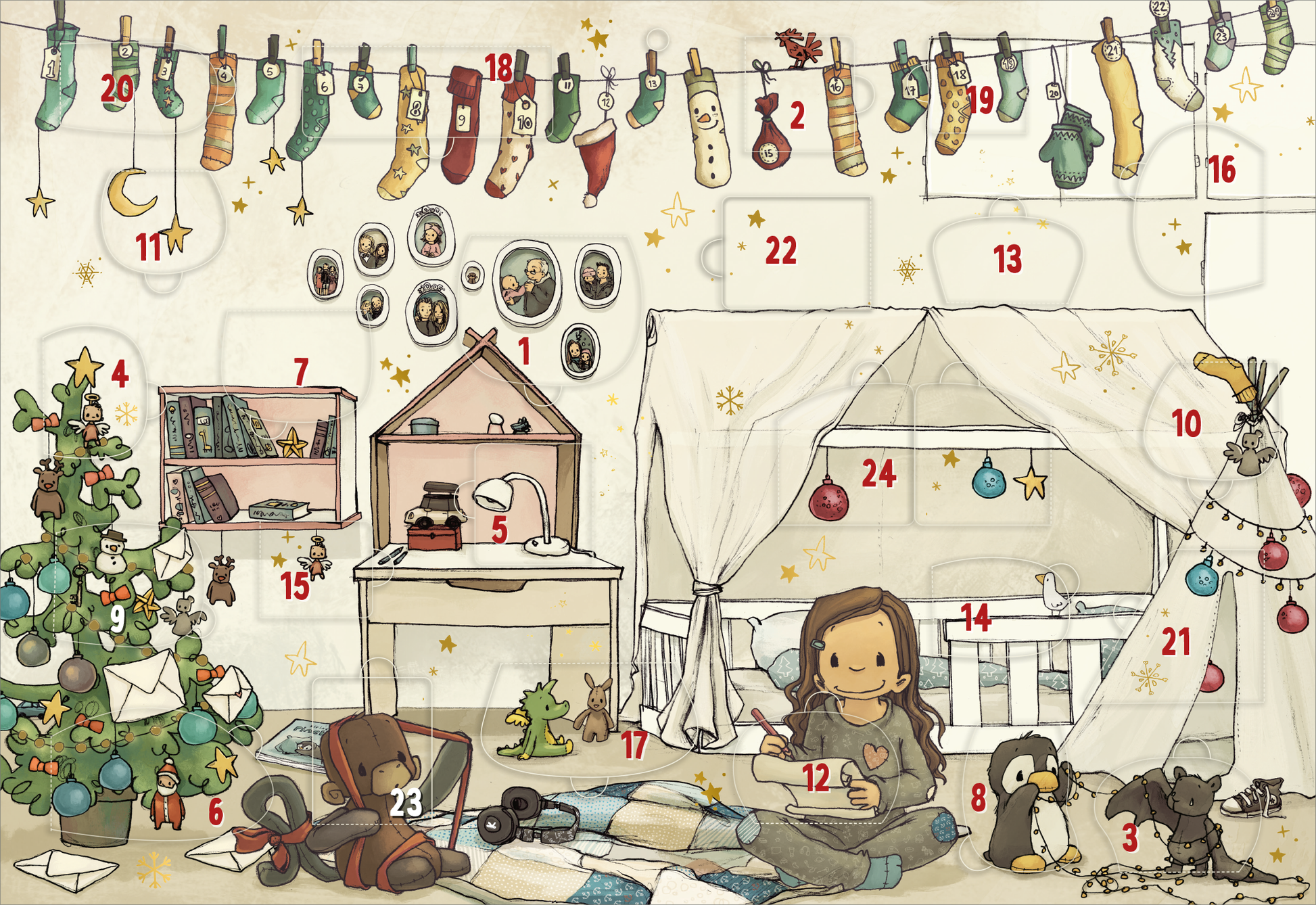 Ein niedliches, farbenfrohes Buchcover zeigt ein Kinderzimmer, dekoriert mit einer Vielzahl von Weihnachtsstrümpfen, die an einer Schnur hängen. In einer gemütlichen Ecke sitzt ein Mädchen mit langen braunen Haaren und liest. Der Raum ist in sanften Pastellfarben gehalten und wird von einem kleinen Weihnachtsbaum sowie liebevoll platzierten Spielzeugen geschmückt. Oben befindet sich ein heller Sternenhimmel und Bilder im Rahmen an der Wand. Ganz unten mittig steht der Logoschriftzug von...