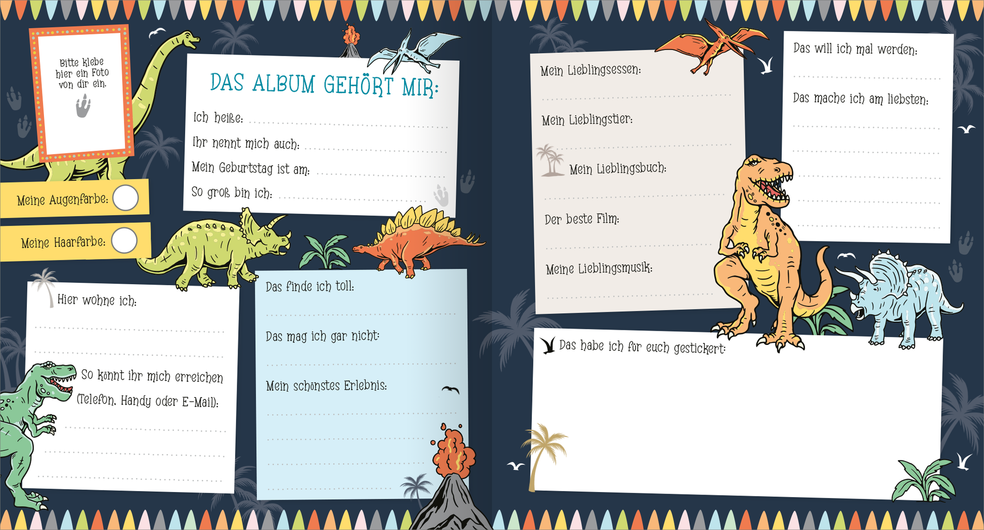 Gezeigt wird eine Innen- oder Zusatzansicht von „Alle meine Freunde – Dino | Mit über 300 Stickern“. Die Seite zeigt ein dunkles, bläuliches Layout mit bunten, freundlich gezeichneten Dinosauriern wie einem T-Rex und einem Stegosaurus. In großen, handschriftlichen Schriftarten sind Überschriften wie „DAS ALBUM GEHÖRT MIR“ sowie verschiedene Ausfüllfelder in hellen Kästchen angeordnet. Mit spielerischen Illustrationen und verspielten Symbolen wird eine einladende Atmosphäre...