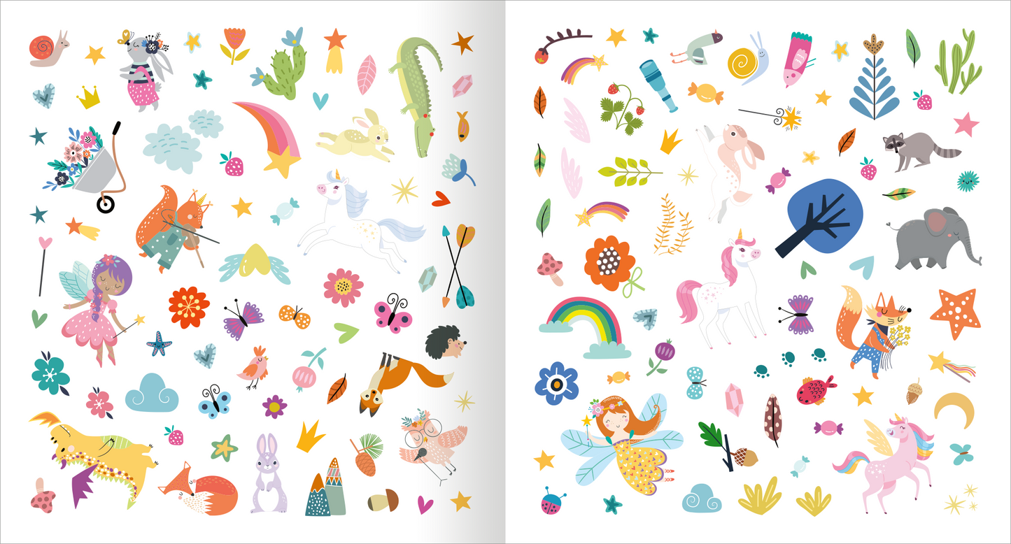 Gezeigt wird eine Innen- oder Zusatzansicht von „Alle meine Freunde – Einhorn | Mit über 300 Stickern“. Die Seite ist in zwei Hälften geteilt, links sind farbenfrohe Illustrationen von Fabelwesen wie Einhörnern und Feen zu sehen. Bunte Blumen, Wolken und Sterne umrahmen die Sticker. Die rechte Seite zeigt ähnliche Motive in kräftigen Farbtönen, wie lila, rosa und grün, ergänzt durch zusätzliches Tierdesigns und eine Regenbogenillustration. Die Typografie ist verspielt und...