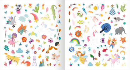 Gezeigt wird eine Innen- oder Zusatzansicht von „Alle meine Freunde – Einhorn | Mit über 300 Stickern“. Die Seite ist in zwei Hälften geteilt, links sind farbenfrohe Illustrationen von Fabelwesen wie Einhörnern und Feen zu sehen. Bunte Blumen, Wolken und Sterne umrahmen die Sticker. Die rechte Seite zeigt ähnliche Motive in kräftigen Farbtönen, wie lila, rosa und grün, ergänzt durch zusätzliches Tierdesigns und eine Regenbogenillustration. Die Typografie ist verspielt und...