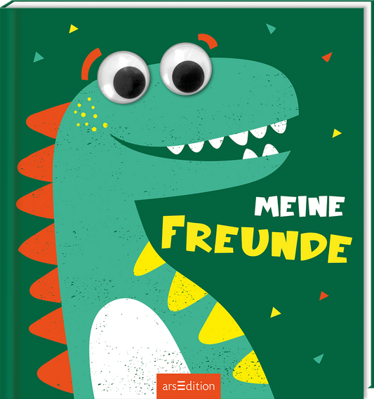 Das Buchcover zeigt einen großen, lachenden Dinosaurier in kräftigen Grüntönen mit großen, witzigen Augen. Der Hintergrund ist in einem dunklen Grünton gehalten, auf dem farbige geometrische Formen in Gelb und Rot akzentuierend platziert sind. Der Titel „MEINE FREUNDE“ steht in fetter, weißer Schrift deutlich sichtbar unterhalb des Dinosaurierkopfes. Ganz unten mittig steht der Logoschriftzug von arsEdition.