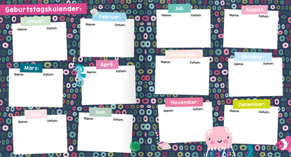 Gezeigt wird eine Innen- oder Zusatzansicht von „Meine Freunde – Meer“. Der Geburtstagskalender zeigt eine bunte, verspielte Gestaltung mit einem maritime Motiv. Die Haupthintergrundfarbe ist ein tiefes Blau, umgeben von bunten Kreisen in verschiedenen Farben. Oben befinden sich Monatsüberschriften in hellen Farben, mit weißen Kästchen für Namen und Daten. Am unteren Rand sind niedliche Meeresbewohner, wie eine Qualle und ein Seepferdchen, abgebildet, die die kinderfreundliche...