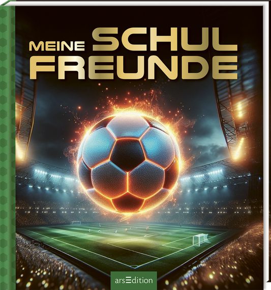 Das Buchcover zeigt einen beeindruckenden Fußball, der vor einem stadionartigen Hintergrund in Flammen steht. Die dominierenden Farben sind Schwarz, Blau und Orange, die eine dynamische und energiegeladene Atmosphäre erzeugen. Der Titel „MEINE SCHUL FREUNDE“ ist in großen, goldenen Buchstaben platziert. In der unteren linken Ecke befindet sich ein SPIEGEL-Bestseller-Button mit dem Text „Bestseller“. Ganz unten mittig steht der Logoschriftzug von arsEdition.