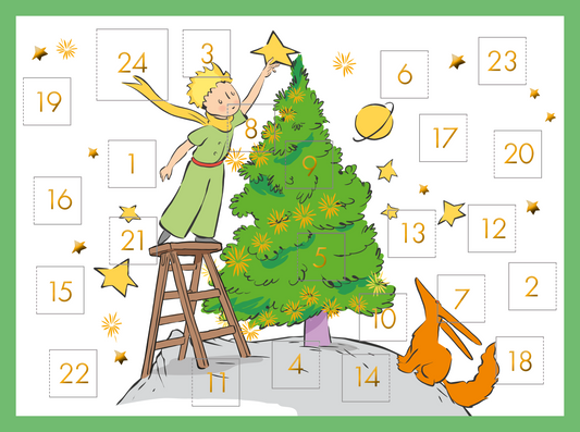 Auf dem Cover sieht man einen Jungen mit einem gelben Schal, den Kleinen Prinzen, der auf einer Leiter steht und einen goldenen Stern auf einen grünen Weihnachtsbaum setzt. Der Baum ist reich verziert mit leuchtenden Sternen, und im Hintergrund schwebt ein Planet. Rechts im Bild sitzt ein orangefarbener Fuchs, der aufmerksam zusieht. Der Hintergrund ist in einem sanften Grün gehalten, was eine festliche Atmosphäre erzeugt. Ganz unten mittig steht der Logoschriftzug von arsEdition.