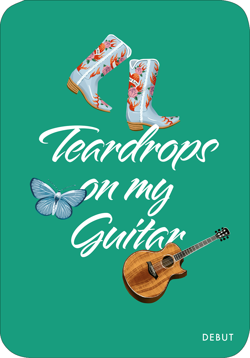 Gezeigt wird eine Innen- oder Zusatzansicht von „Cards of my Heart“. Der Hintergrund ist in einem kräftigen Grün gehalten. Zentrale Elemente umfassen eine stilisierte Akustikgitarre und eine orange-braun verzierte Stiefelgrafik, die mit farbenfrohen Blumenmotiven geschmückt ist. Eine blaue Schmetterlingsgrafik ergänzt das Design. Die Typografie ist modern und verspielt, mit der Schrift „Teardrops on my Guitar“ in kontrastierendem Weiß, was die Gesamtkomposition lebendig und...