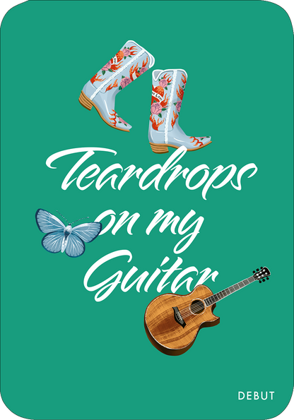 Gezeigt wird eine Innen- oder Zusatzansicht von „Cards of my Heart“. Der Hintergrund ist in einem kräftigen Grün gehalten. Zentrale Elemente umfassen eine stilisierte Akustikgitarre und eine orange-braun verzierte Stiefelgrafik, die mit farbenfrohen Blumenmotiven geschmückt ist. Eine blaue Schmetterlingsgrafik ergänzt das Design. Die Typografie ist modern und verspielt, mit der Schrift „Teardrops on my Guitar“ in kontrastierendem Weiß, was die Gesamtkomposition lebendig und...