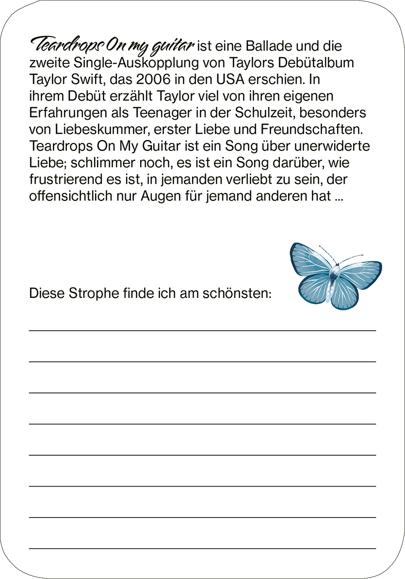 Gezeigt wird eine Innen- oder Zusatzansicht von „Cards of my Heart“. Die Karte ist überwiegend in sanften Farben gehalten, mit einer eleganten Mischung aus Blau- und Grautönen. Der Text ist in einer gut lesbaren Serifenschrift formatiert, mit Überschriften in einer etwas größeren Schriftgröße. Am unteren Rand der Karte befindet sich ein leeres Textfeld für persönliche Notizen. Ein zarter, blauer Schmetterling verziert die Ecke und fügt ein verspieltes Element hinzu.