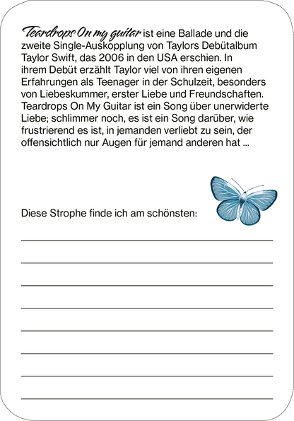 Gezeigt wird eine Innen- oder Zusatzansicht von „Cards of my Heart“. Die Karte ist überwiegend in sanften Farben gehalten, mit einer eleganten Mischung aus Blau- und Grautönen. Der Text ist in einer gut lesbaren Serifenschrift formatiert, mit Überschriften in einer etwas größeren Schriftgröße. Am unteren Rand der Karte befindet sich ein leeres Textfeld für persönliche Notizen. Ein zarter, blauer Schmetterling verziert die Ecke und fügt ein verspieltes Element hinzu.