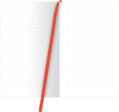 Gezeigt wird eine Innen- oder Zusatzansicht von „myNOTES Papeterie: Der Kleine Prinz Notizbuch A6“. Die Ansicht zeigt zwei leere Seiten mit einem klaren, punktierten Layout, das auf weiße Seiten aufgedruckt ist. Zwischen den Seiten verläuft ein auffälliges, orangefarbenes Leseband. Die Typografie ist schlicht, wodurch der Fokus auf den Schreibflächen bleibt, und die leichten Punkte tragen zur Übersichtlichkeit bei.