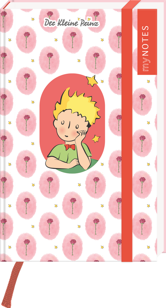 Auf dem Cover ist eine wiederkehrende Blütenmuster mit zarten rosa Tönen zu sehen, die in ovale Kreise eingefasst sind. Im Zentrum thront die Figur des kleinen Prinzen mit gelbem Haar, der mit nachdenklichem Gesichtsausdruck von einem Stern träumt. Der Titel „Der kleine Prinz“ ist in einer verspielten Schriftart direkt oberhalb des Motivs platziert. Oben rechts befindet sich der Hinweis „my NOTES“ auf einem orangefarbenen Hintergrund. Ganz unten mittig steht der Logoschriftzug von...