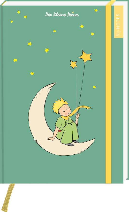 Auf dem Buchcover von „Der kleine Prinz“ ist ein junger, blondhaariger Junge in einem grünen Anzug zu sehen, der auf einer stilisierten, hellen Mondsichel sitzt. Mit einer Hand hält er zwei leuchtende Sterne, während kleine, gelbe Sterne um ihn herum schwirren. Der Hintergrund ist in einem sanften Grün gehalten. Oben steht der Titel „Der kleine Prinz“ in weißer Schrift. Das Cover hat einen gelben Seitenstreifen mit dem Schriftzug „my NOTES“. Ganz unten mittig steht der...