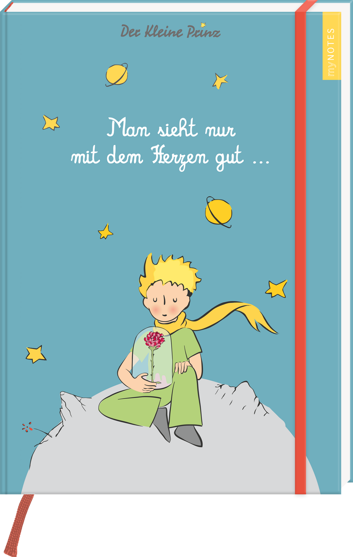 Das Buchcover zeigt einen hellblauen Hintergrund, auf dem ein kleiner Junge, der Kleine Prinz, mit blonden Haaren und einem grünen Schal sitzt. Er hält ein Glas mit einer Blume in der Hand. Um ihn herum schweben kleine Sterne und Planeten. Der Titel „Man sieht nur mit dem Herzen gut …“ ist in eleganter, weißer Schrift oben auf dem Cover platziert. Rechts oben befindet sich ein gelber Hinweis mit dem Text „meinnotes“. Ganz unten mittig steht der Logoschriftzug von arsEdition.