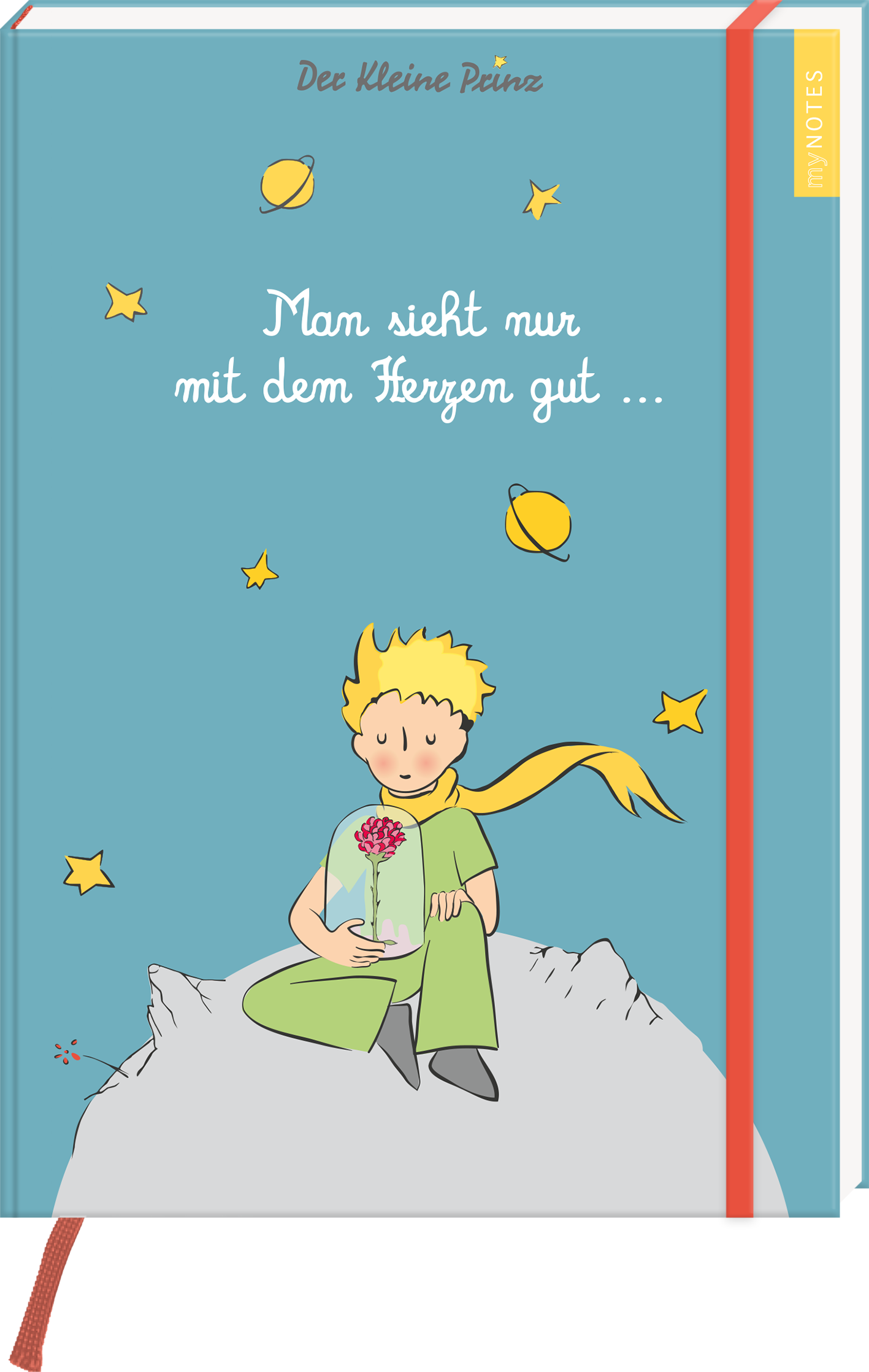 Das Buchcover zeigt einen hellblauen Hintergrund, auf dem ein kleiner Junge, der Kleine Prinz, mit blonden Haaren und einem grünen Schal sitzt. Er hält ein Glas mit einer Blume in der Hand. Um ihn herum schweben kleine Sterne und Planeten. Der Titel „Man sieht nur mit dem Herzen gut …“ ist in eleganter, weißer Schrift oben auf dem Cover platziert. Rechts oben befindet sich ein gelber Hinweis mit dem Text „meinnotes“. Ganz unten mittig steht der Logoschriftzug von arsEdition.