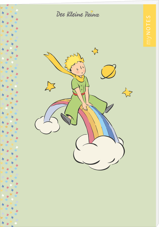 Auf dem Cover des Buches „Der kleine Prinz“ von Antoine de Saint-Exupéry thront der kleine Prinz auf einem bunten Regenbogen, der auf weißen Wolken schwebt. Der Prinz trägt ein grünes Gewand und hat einen gelben Schal, während um ihn herum Sterne und ein Planet zu sehen sind. Der Hintergrund ist in einem sanften Hellgrün gehalten. Oben steht der Titel in einer verspielten Schrift. Rechts auf dem Cover ist der Text „my NOTES“ in Gelb platziert. Ganz unten mittig steht der...
