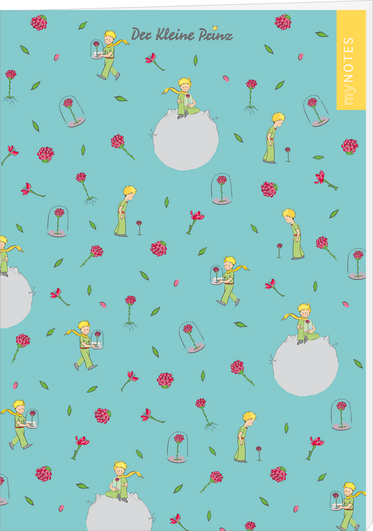 Das Buchcover zeigt einen hellblauen Hintergrund, auf dem kleine, verspielt angeordnete Illustrationen des kleinen Prinzen in verschiedenen Szenen zu sehen sind. Er trägt ein grünes Outfit und interagiert mit rosa Blumen und Felsformationen. Die fröhliche Atmosphäre wird durch die bunten Elemente und die kindliche Zeichnung unterstrichen. Oben steht in geschwungener Schrift „Der kleine Prinz“, neben dem ein gelber Bereich mit dem Text „my NOTES“ platziert ist. Ganz unten mittig...