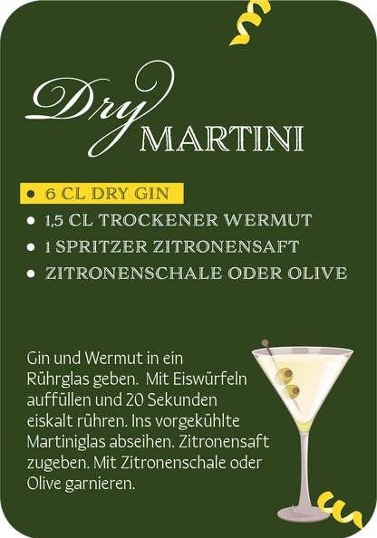 Gezeigt wird eine Innen- oder Zusatzansicht von „Das Cocktail-Quartett“. Die Darstellung präsentiert ein elegantes Rezept für einen Dry Martini. Der Hintergrund ist in einem satten Grünton gehalten, während der Titel „Dry Martini“ in geschwungener, weißer Schrift hervorsticht. Ein stilvolles Martini-Glas rundet das Design ab. Die Typografie ist klar und gut lesbar, was die Übersichtlichkeit unterstützt.