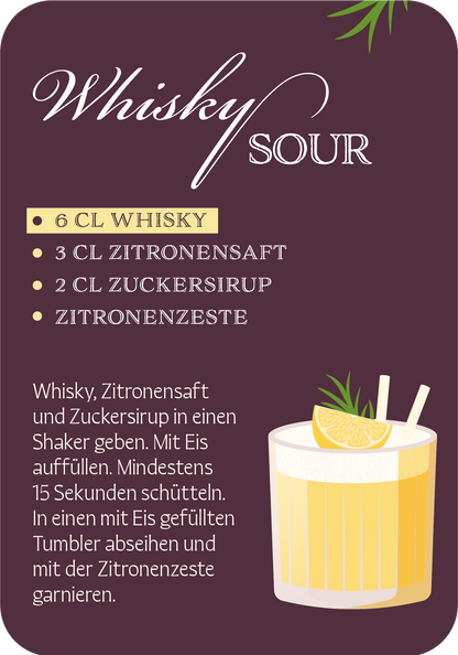 Gezeigt wird eine Innen- oder Zusatzansicht von „Das Cocktail-Quartett“. Die Ansicht zeigt ein lila Hintergrunddesign mit einer stilvollen Darstellung des Cocktails „Whisky Sour“. Die Zutaten sind in gelber Schrift hervorgehoben. Der Text ist gut lesbar und präsentiert die Rezeptur ansprechend. Zudem sind grafische Elemente wie eine Zitronenscheibe und frische Kräuter zu sehen, die das Thema des Cocktails unterstreichen. Die Kombination aus unterschiedlichen Schriftarten sorgt für...