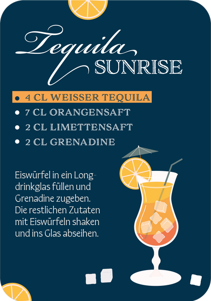 Gezeigt wird eine Innen- oder Zusatzansicht von „Das Cocktail-Quartett“. Die Darstellung umfasst einen tiefblauen Hintergrund, auf dem der Titel „Tequila Sunrise“ in geschwungener, weißer Schrift platziert ist. Die Zutaten sind in klaren, orangefarbenen Aufzählungspunkten strukturiert. Ein stilisierter Cocktail mit Eiswürfeln und einer Orangenscheibe wird abgebildet. Die klare Typografie sorgt für gute Lesbarkeit.