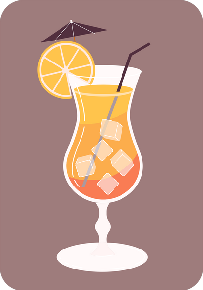 Gezeigt wird eine Innenansicht von „Das Cocktail-Quartett“. Die Darstellung zeigt ein stilisiertes Cocktailglas mit gelbem Getränk und Eiswürfeln. Eine Limettenscheibe und ein kleines Schirmchen dekorieren das Glas. Der Hintergrund ist in einem sanften Braunton gehalten, während das Glas in Weiß und Orange gestaltet ist. Die moderne, klare Typografie hebt den Namen des Spiels hervor und ergänzt die fröhliche, einladende Atmosphäre des Designs.