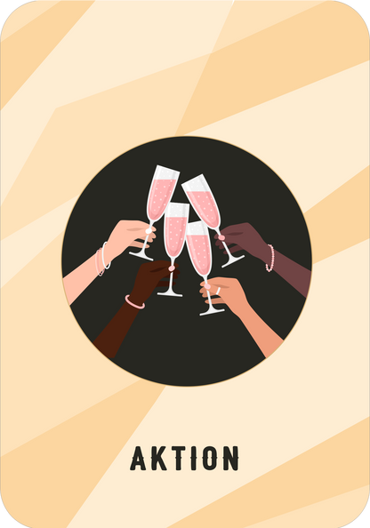 Gezeigt wird eine Innen- oder Zusatzansicht von „Prosecco-Pilates“. Im Mittelpunkt sind mehrere Hände zu sehen, die Sektgläser mit rosafarbener Flüssigkeit heben. Der Hintergrund ist schwarz, während die Gläser und Hände in verschiedenen Hauttönen dargestellt sind. Darüber hinaus sind die Farben in sanften, warmen Tönen gehalten, die an einen festlichen Anlass erinnern. Die Schriftart des Wortes „AKTION“ ist klar und modern, in schwarzer Farbe, was einen starken Kontrast zum...