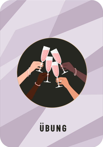 Gezeigt wird eine Innen- oder Zusatzansicht von „Prosecco-Pilates“. Die Illustration zeigt mehrere Hände in unterschiedlichen Hauttönen, die Gläser mit roséfarbenem Getränk anstoßen. Der Hintergrund ist dunkel und rund, während die Hände mit zarten Armbändern verziert sind. Am unteren Rand steht in klarer, fetter schwarzer Typografie das Wort „Übung“. Das Gesamtbild strahlt Freude und Gemeinschaft aus, geprägt von einem modernen, minimalistischen Design in sanften Farbnuancen.