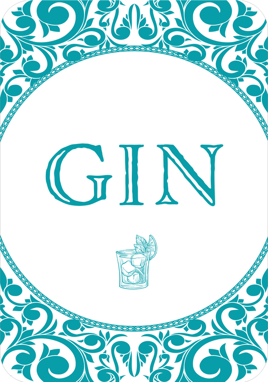 Gezeigt wird eine Innen- oder Zusatzansicht von „Gin-Yoga“. Der Hintergrund ist in einem schlichten Weiß gehalten, während die große Schrift in einem lebhaften Türkis die zentrale Botschaft „GIN“ transportiert. Umgeben wird der Schriftzug von einem eleganten, geschwungenen Rahmen in ähnlichen Türkistönen, der florale Muster aufweist. Darunter ist eine stilisierte Darstellung eines Cocktails mit Eis und einem Kräuterzweig. Die Typografie ist verschnörkelt und betont die kreative...